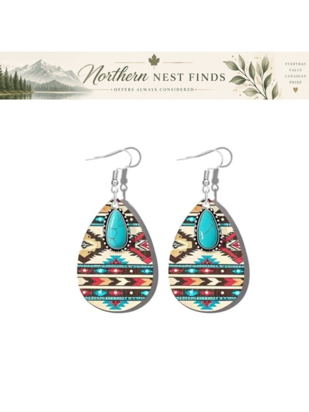 Turquoise Dangle Earrings Natural Stone Teardrop Wooden Hook Western Aztec